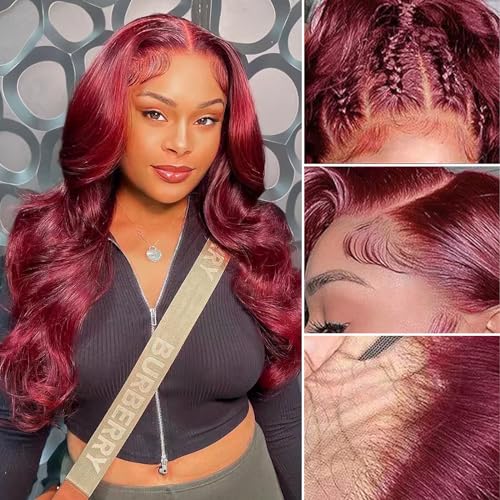 99j 13x6 hd Lace Front Wigs Human Hair Burgundy Body Wave Wig 20 Inches 180% Density Human Hair Pre-Pulled Glue-Free for Black Women Burgundy Lace Front Wig Human Hair