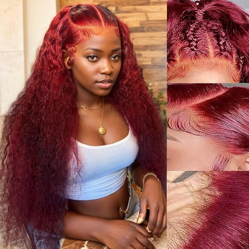 99J 200% Density Curly Burgundy Lace Front Wigs Human Hair 13x4 Red Wig Human Hair HD Transparent Frontal Wig Colored Pre Plucked with Baby Hair Glueless Wigs(26 Inch, 99J 13x4 Curly)