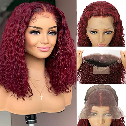 Short 14 Inch 99J Burgundy Curly Human Hair Bob Wig for Black Women with Lace Part - Image 2