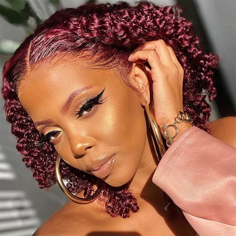 Short 14 Inch 99J Burgundy Curly Human Hair Bob Wig for Black Women with Lace Part - Image 5