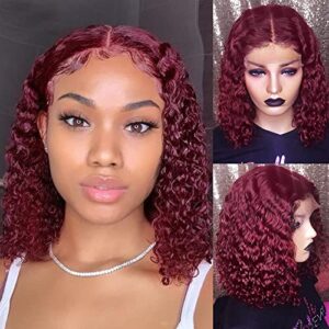 Short 14 Inch 99J Burgundy Curly Human Hair Bob Wig for Black Women with Lace Part