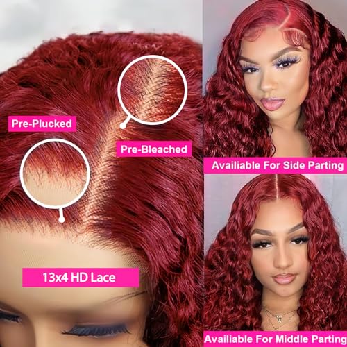 99j Burgundy Deep Wave Lace Front Wigs Human Hair 13x4 180% Density Transparent Lace Frontal Wigs Curly Wigs for Women Red Curly Wigs Pre Plucked with Baby Hair 99j Lace Front Human Hair Wigs (26inch) - Image 5