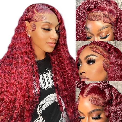 99j Burgundy Deep Wave Lace Front Wigs Human Hair 13x4 180% Density Transparent Lace Frontal Wigs Curly Wigs for Women Red Curly Wigs Pre Plucked with Baby Hair 99j Lace Front Human Hair Wigs (26inch)