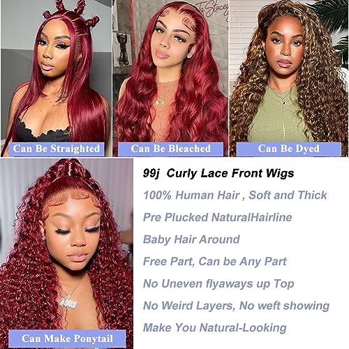 99j Burgundy Deep Wave Lace Front Wigs Human Hair 13x4 180% Density Transparent Lace Frontal Wigs Curly Wigs for Women Red Curly Wigs Pre Plucked with Baby Hair 99j Lace Front Human Hair Wigs (26inch) - Image 4