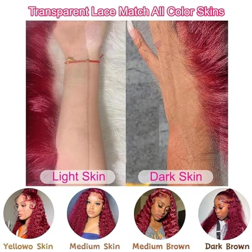 99j Burgundy Deep Wave Lace Front Wigs Human Hair 13x4 180% Density Transparent Lace Frontal Wigs Curly Wigs for Women Red Curly Wigs Pre Plucked with Baby Hair 99j Lace Front Human Hair Wigs (26inch) - Image 7