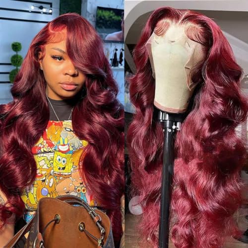 99J Burgundy 24 Inch Body Wave 180 Density Human Hair Lace Front Wig