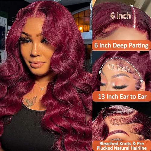 99j Burgundy Lace Front Wig 30 Inch Body Wave Human Hair 180% Density - Image 2