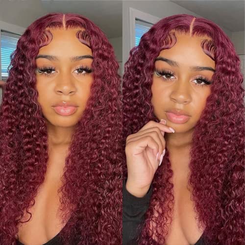 Burgundy 99J Deep Wave Glueless Lace Front Wig, 28 Inch Human Hair - Image 2