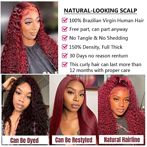 Burgundy 99J Deep Wave Glueless Lace Front Wig, 28 Inch Human Hair - Image 3