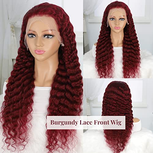 Burgundy 99J Deep Wave Glueless Lace Front Wig, 28 Inch Human Hair - Image 4