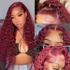 Burgundy 99J Deep Wave Glueless Lace Front Wig, 28 Inch Human Hair