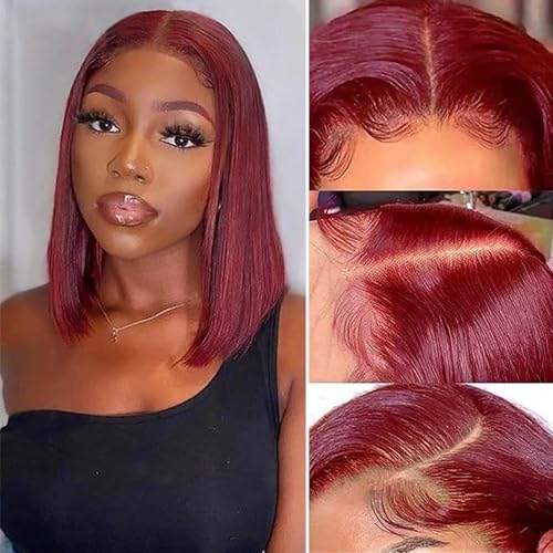 99J Burgundy Lace Front Wigs Human Hair 13x4 HD Bob Wig Human Hair Glueless Lace Frontal Wigs Pre Plucked 180% Density Red Wig Straight Lace Front Wigs Human Hair Bob Wig 14Inch