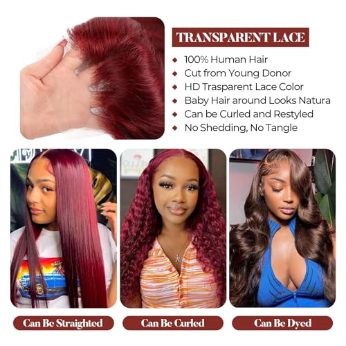 99j Burgundy Lace Front Wigs Human Hair 13x4 HD Glueless Body Wave Lace Front Wigs Human Hair Pre Plucked Bleached Knots 180% Density Wine Red Colored Human Hair Wigs (99J-26 inch) - Image 4
