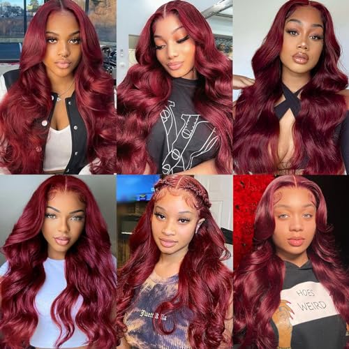 99j Burgundy Lace Front Wigs Human Hair 13x4 HD Glueless Body Wave Lace Front Wigs Human Hair Pre Plucked Bleached Knots 180% Density Wine Red Colored Human Hair Wigs (99J-26 inch) - Image 6
