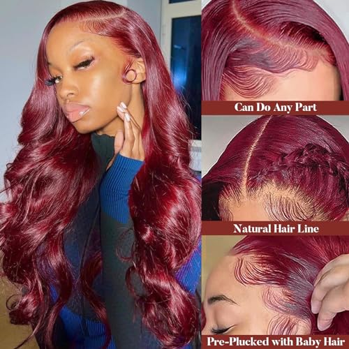99j Burgundy Lace Front Wigs Human Hair 13x4 HD Glueless Body Wave Lace Front Wigs Human Hair Pre Plucked Bleached Knots 180% Density Wine Red Colored Human Hair Wigs (99J-26 inch) - Image 3