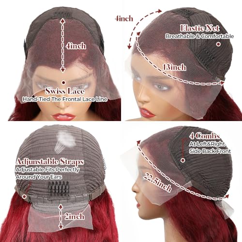 99j Burgundy Lace Front Wigs Human Hair 13x4 HD Glueless Body Wave Lace Front Wigs Human Hair Pre Plucked Bleached Knots 180% Density Wine Red Colored Human Hair Wigs (99J-26 inch) - Image 2