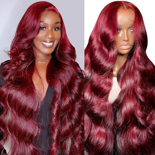 99j Burgundy Lace Front Wigs Human Hair 13x4 HD Glueless Body Wave Lace Front Wigs Human Hair Pre Plucked Bleached Knots 180% Density Wine Red Colored Human Hair Wigs (99J-26 inch)