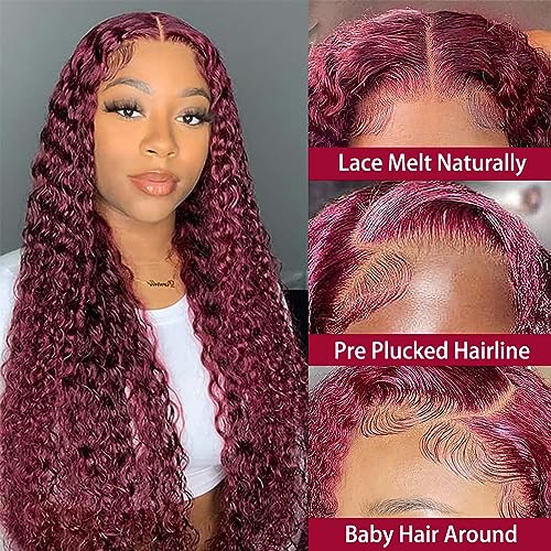 99J Burgundy Lace Front Wigs Human Hair 13X4 Water Wave Lace Front Wigs for Women Human Hair Glueless Red Deep Colored Curly Lace Front Wig Pre Plucked Bleached Knots 180% Density 26 Inch - Image 2