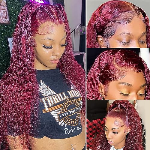 99J Burgundy Lace Front Wigs Human Hair 13X4 Water Wave Lace Front Wigs for Women Human Hair Glueless Red Deep Colored Curly Lace Front Wig Pre Plucked Bleached Knots 180% Density 26 Inch - Image 7