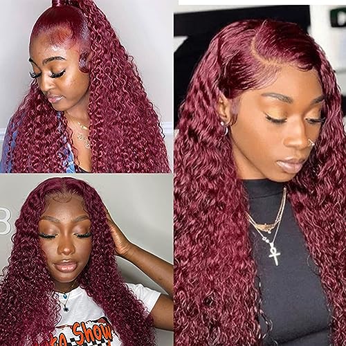 99J Burgundy Lace Front Wigs Human Hair 13X4 Water Wave Lace Front Wigs for Women Human Hair Glueless Red Deep Colored Curly Lace Front Wig Pre Plucked Bleached Knots 180% Density 26 Inch - Image 5