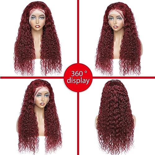 99J Burgundy Lace Front Wigs Human Hair 13X4 Water Wave Lace Front Wigs for Women Human Hair Glueless Red Deep Colored Curly Lace Front Wig Pre Plucked Bleached Knots 180% Density 26 Inch - Image 4