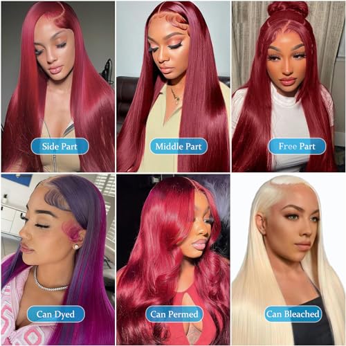 99j Burgundy Lace Front Wigs Human Hair 28 inch 13x6 Lace Front Wigs Human Hair Straight Red 200 Density HD Lace Front Human Hair Pre Plucked Pre Cut Glueless Wigs Colored For Black Women - Image 5