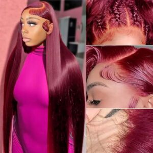 99j Burgundy Lace Front Wigs Human Hair 28 inch 13x6 Lace Front Wigs Human Hair Straight Red 200 Density HD Lace Front Human Hair Pre Plucked Pre Cut Glueless Wigs Colored For Black Women