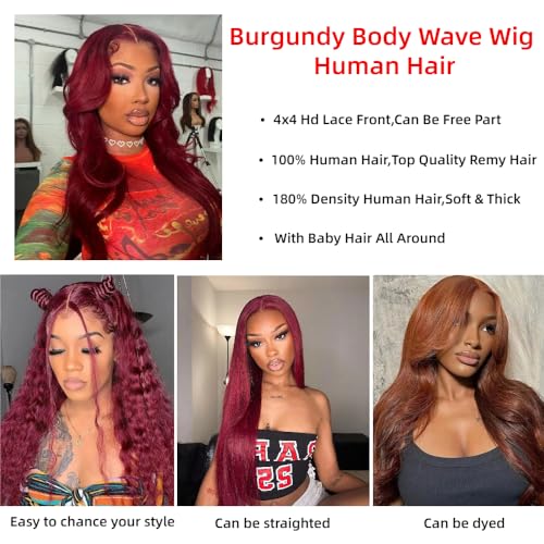 99J Burgundy Lace Front Wigs Human Hair Glueless Wigs Human Hair Pre Plucked Pre Cut Body Wave Lace Front Wigs Human Hair Pre Plucked Closure Wigs Human Hair Wear and Go Glueless Wig 4X4 18 Inch - Image 2