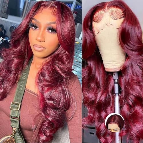 99J Burgundy Lace Front Wigs Human Hair Pre Plucked 180% Density 13x4 Body Wave HD Lace Frontal Wig Human Hair Burgundy Transparent Lace Front Wig Colored Wine Red 22 Inch