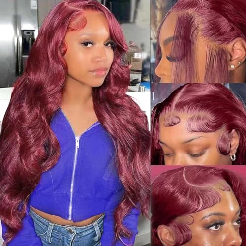 99j Burgundy Lace Front Wigs Human Hair Pre Plucked 180% Density Body Wave 13x6 Lace Front Wigs Human Hair HD Transparent Lace Frontal Wigs Human Hair for Women Wine Red Colored 24inch