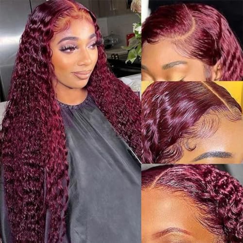 99J Curly Lace Front Wigs Human Hair Burgundy Colored Transparent 13x4 HD Lace Frontal Wigs Pre Plucked with Baby Hair for Women 150% Density Deep Curly Lace Front Wigs 26 Inch