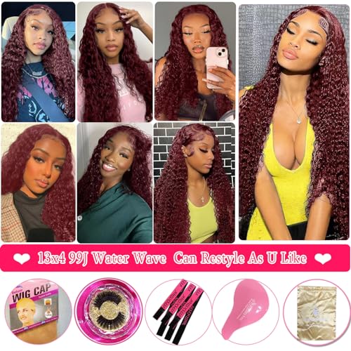 99J HD Lace Front Wigs Human Hair Pre Plucked 180 Density Burgundy Deep Wave Frontal Wigs 13x4 Natural Hairline Human Hair Wigs for Black Women(22 Inch) - Image 6