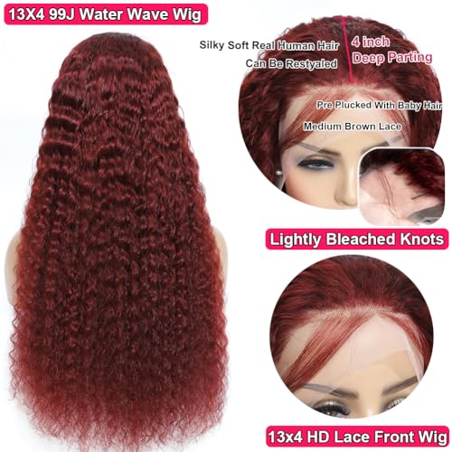 99J HD Lace Front Wigs Human Hair Pre Plucked 180 Density Burgundy Deep Wave Frontal Wigs 13x4 Natural Hairline Human Hair Wigs for Black Women(22 Inch) - Image 2
