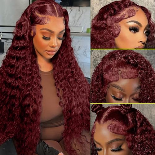 99J HD Lace Front Wigs Human Hair Pre Plucked 180 Density Burgundy Deep Wave Frontal Wigs 13x4 Natural Hairline Human Hair Wigs for Black Women(22 Inch)