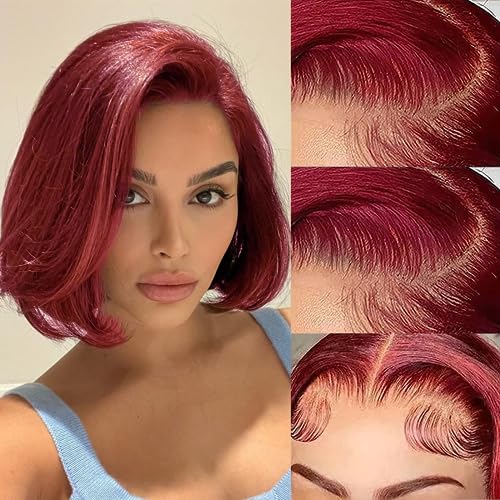 99J Lace Front Bob Wigs Human Hair 150% Density 13x4 Burgundy Glueless HD Transparent Lace Front Bob Wig for Black Women Pre Plucked With Bleached Knots Natural Hairline
