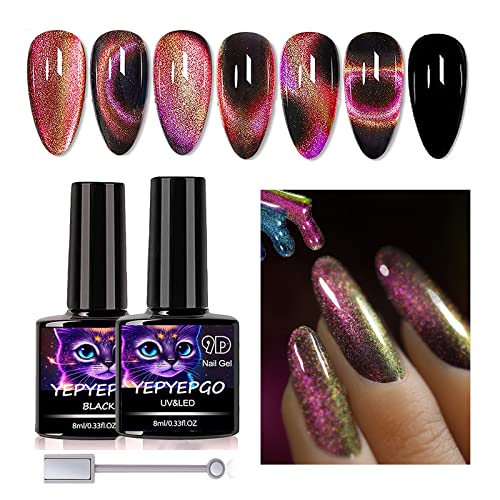 9D Cat Eye Gel Nail Polish, Red and Yellow 9D Cat Eye Gel with Magnet Stick, Black Gel Nail Polish, Professional Magnetic Gel Polish Galaxy Chameleon Effect -BB
