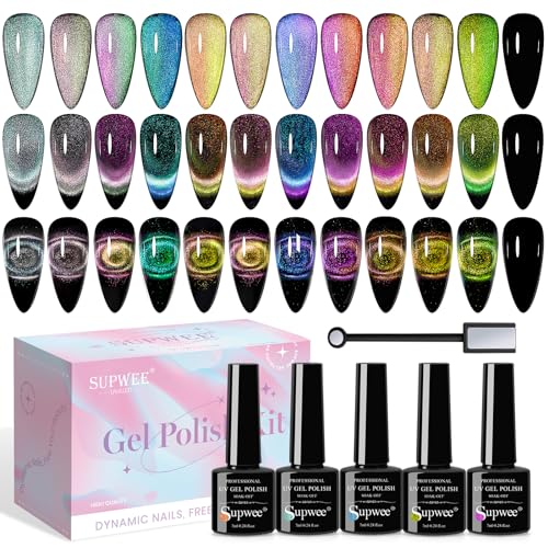 9D Cat Eye Gel Nail Polish Set with Magnet - 12 Colors Magnetic Cateye Gel Polish Chameleon Galaxy Effects Manicure for Nail Salon DIY Nail Art at Home