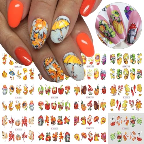 A Large Sheet Fall Nail Art Stickers Decals Maple Leaf Water Transfer Nail Foils Autumn Maple Leaves Pumpkin Design Watermark Nail Art Decorations Nail Art Supplies for Women Acrylic Manicure DIY