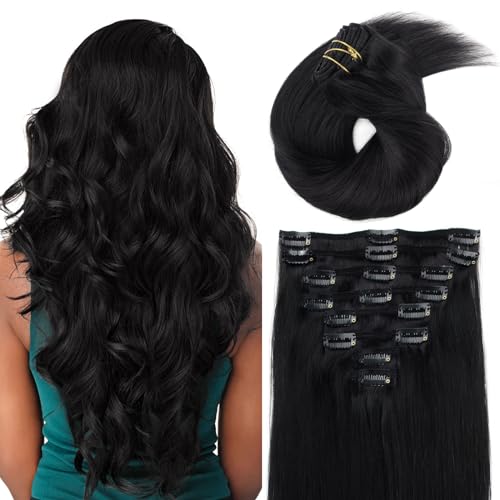 ABH AMAZINGBEAUTY HAIR Clip in Hair Extensions Real Human Hair Invisible Double Wefts 100% Real Remy Human Hair Clip in Extensions Silky Straight Jet Black 18 Clips 90G 16 Inch