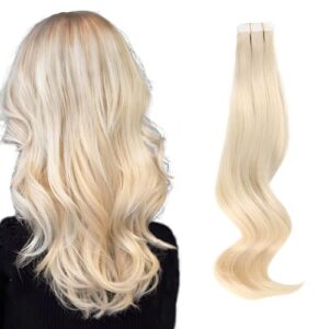 ABH AMAZINGBEAUTY HAIR Tape in Hair Extensions Human Hair, Semi-permanent Remy Human Hair Tape ins, 20 Pieces 50 Grams, Ash Platinum Blonde 60, 14 Inch