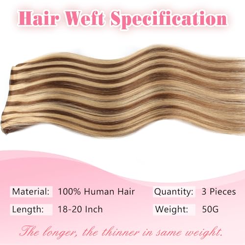 ABH AMAZINGBEAUTY HAIR Weft Hair Extensions Human Hair Sew in Highlighted Hand Tied Weft Hair Extensions Remy Human Hair 50 Gram, Chocolate Brown With Caramel Blonde Highlights Color P4-27, 18 Inch - Image 5