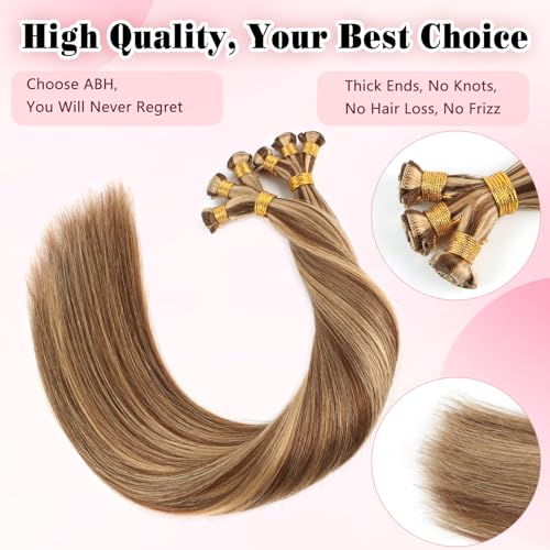 ABH AMAZINGBEAUTY HAIR Weft Hair Extensions Human Hair Sew in Highlighted Hand Tied Weft Hair Extensions Remy Human Hair 50 Gram, Chocolate Brown With Caramel Blonde Highlights Color P4-27, 18 Inch - Image 3