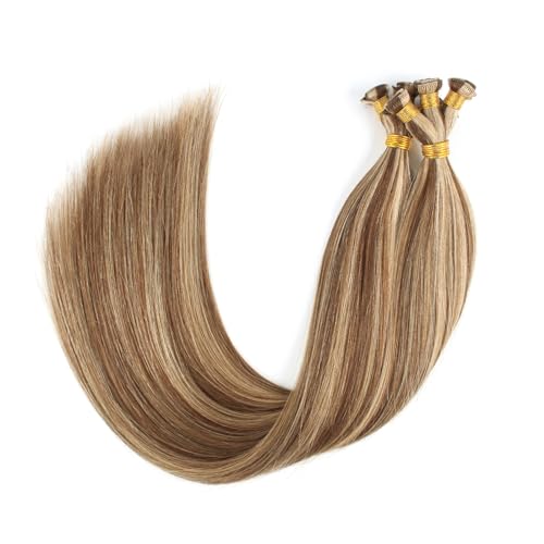 ABH AMAZINGBEAUTY HAIR Weft Hair Extensions Human Hair Sew in Highlighted Hand Tied Weft Hair Extensions Remy Human Hair 50 Gram, Chocolate Brown With Caramel Blonde Highlights Color P4-27, 18 Inch - Image 9