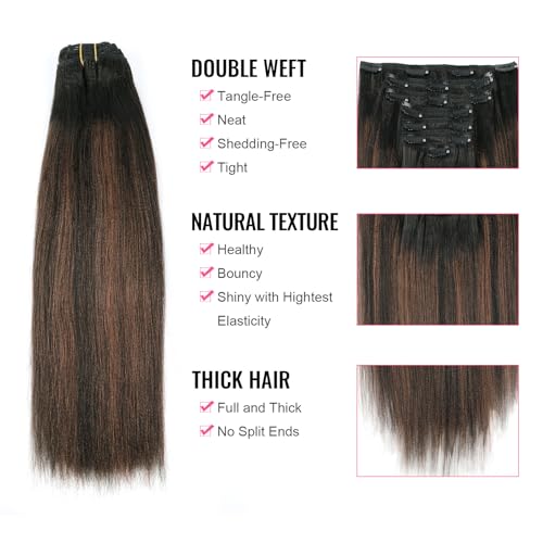 ABH AMAZINGBEAUTY HAIR Yaki Straight Clip ins Rooted Black Piano Natural Black #1B With Chocolate Brown #4 Two Tone Light Yaki Clip in Human Hair 12 Inch Yaki Clip ins for Black Women 120G Full Head - Image 6