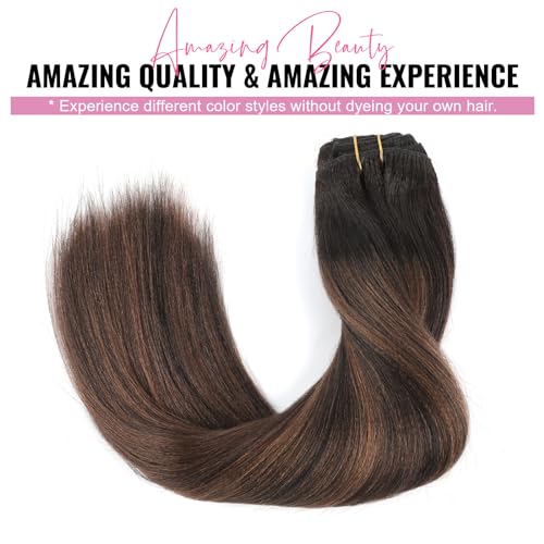 ABH AMAZINGBEAUTY HAIR Yaki Straight Clip ins Rooted Black Piano Natural Black #1B With Chocolate Brown #4 Two Tone Light Yaki Clip in Human Hair 12 Inch Yaki Clip ins for Black Women 120G Full Head - Image 8