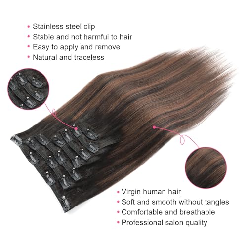 ABH AMAZINGBEAUTY HAIR Yaki Straight Clip ins Rooted Black Piano Natural Black #1B With Chocolate Brown #4 Two Tone Light Yaki Clip in Human Hair 12 Inch Yaki Clip ins for Black Women 120G Full Head - Image 4