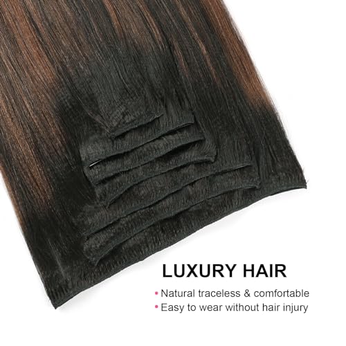 ABH AMAZINGBEAUTY HAIR Yaki Straight Clip ins Rooted Black Piano Natural Black #1B With Chocolate Brown #4 Two Tone Light Yaki Clip in Human Hair 12 Inch Yaki Clip ins for Black Women 120G Full Head - Image 2