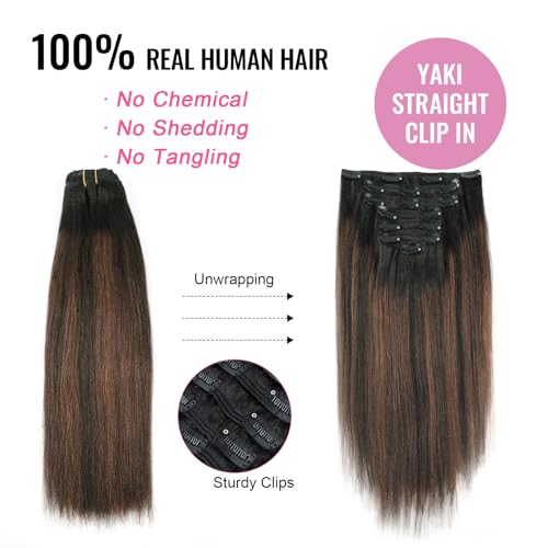 ABH AMAZINGBEAUTY HAIR Yaki Straight Clip ins Rooted Black Piano Natural Black #1B With Chocolate Brown #4 Two Tone Light Yaki Clip in Human Hair 12 Inch Yaki Clip ins for Black Women 120G Full Head - Image 9