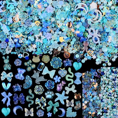 100 Piece Blue Acrylic Nail Charms Set Butterflies Flowers Gems DIY Nail Art