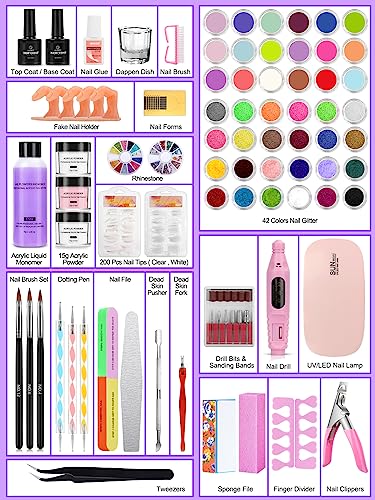 Acrylic Nail Kit for Beginners with Everything, 42Colors Glitter Acrylic Powder Monomer Liquid Nail Kit Set Professional Acrylic with Everything, Drill UV Light Practice Finger Nail Bag Organizer Case - Image 2
